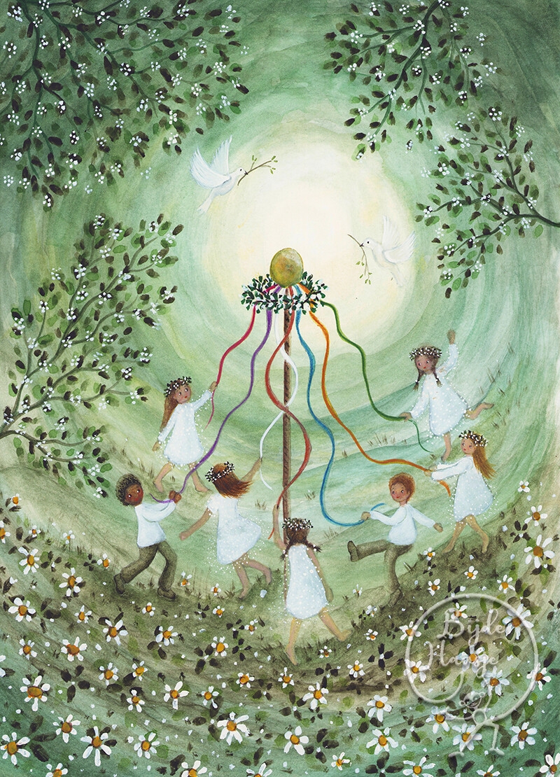Picture of a Waldorf style painting featuring children dressed in white dancing around a maypole