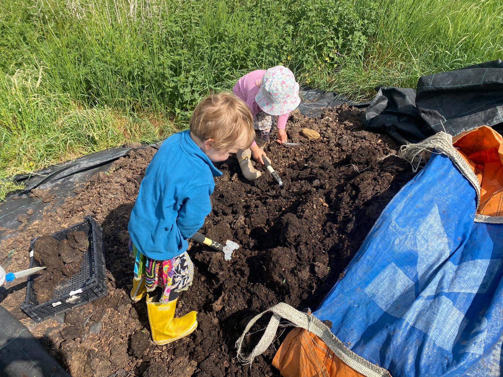 pre school age children digging in a big pile of compost